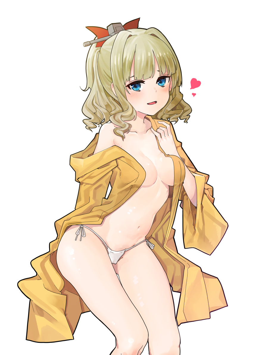 1girl absurdres and-j_(dlwjdqja1212) blonde_hair blue_eyes breasts cleavage cowboy_shot hair_intakes hair_ornament hatakaze_(kancolle) highres japanese_clothes kantai_collection kimono medium_breasts navel off_shoulder open_mouth panties ponytail red_ribbon ribbon solo string_panties tongue underwear white_panties yellow_kimono