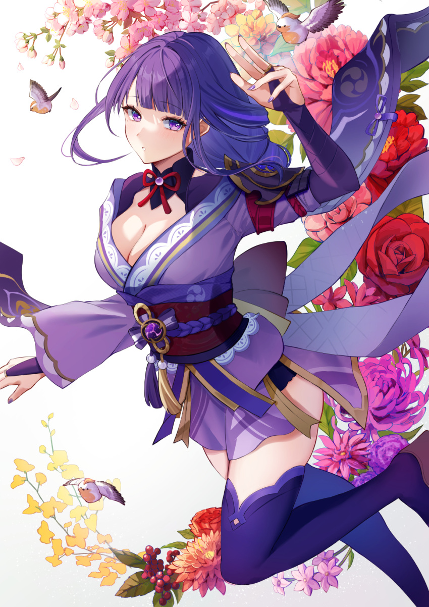 1girl breasts bridal_gauntlets cleavage commentary_request floral_background flower genshin_impact highres japanese_clothes kimono large_breasts long_hair long_sleeves looking_at_viewer low-braided_long_hair low-tied_long_hair mitsudomoe_(shape) mole mole_under_eye obiage obijime purple_bridal_gauntlets purple_eyes purple_hair purple_kimono purple_nails purple_shrug purple_thighhighs raiden_shogun red_flower red_rose rose shiroichigo short_kimono simple_background solo thighhighs tomoe_(symbol) white_background wide_sleeves