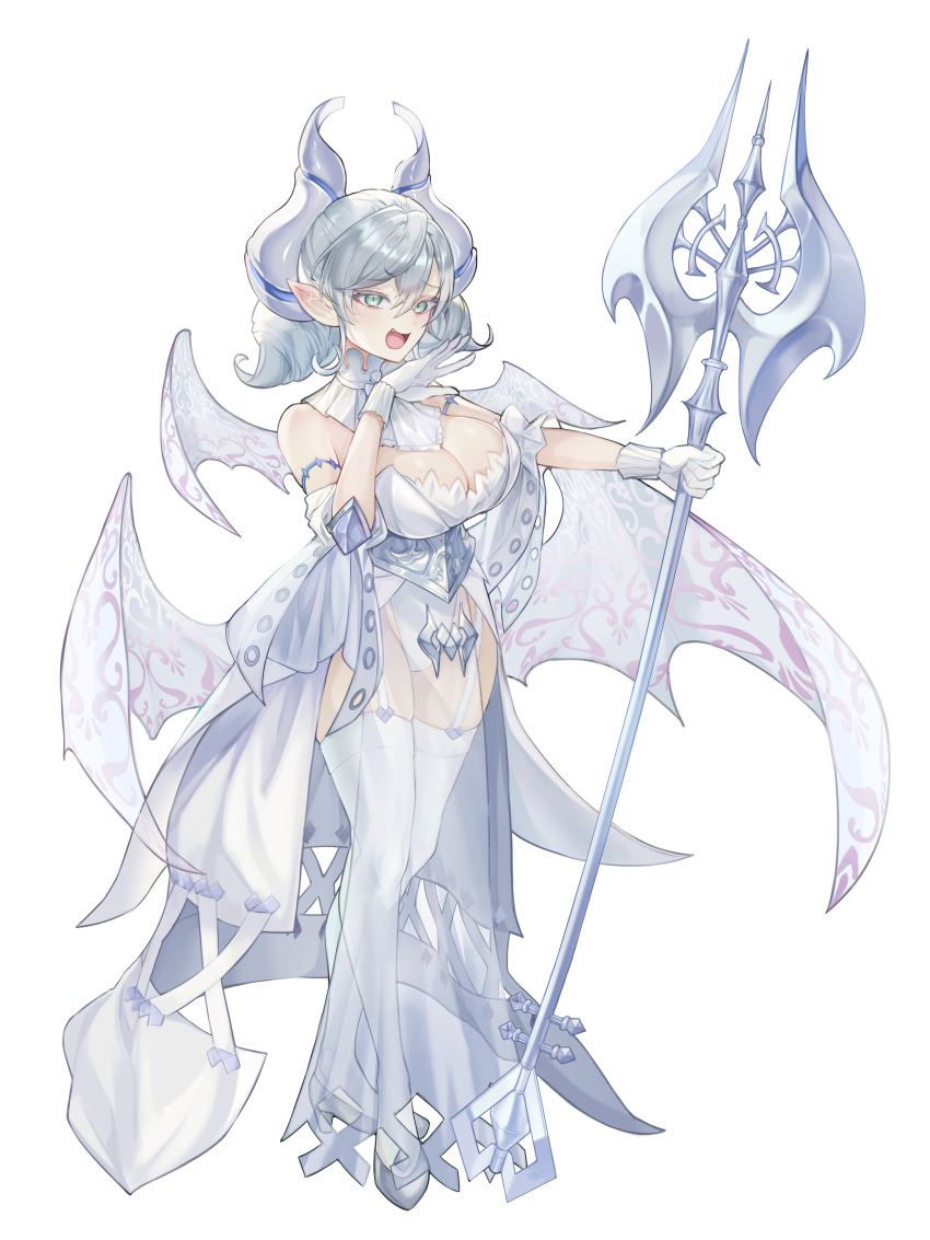 1girl absurdres armored_leotard breasts cleavage demon_girl demon_horns demon_wings dress duel_monster gloves grey_eyes highres holding horns large_breasts looking_at_viewer lovely_labrynth_of_the_silver_castle low_wings ojou-sama_pose pointy_ears senada37 smile solo transparent_wings twintails white_background white_hair white_horns wings yu-gi-oh!