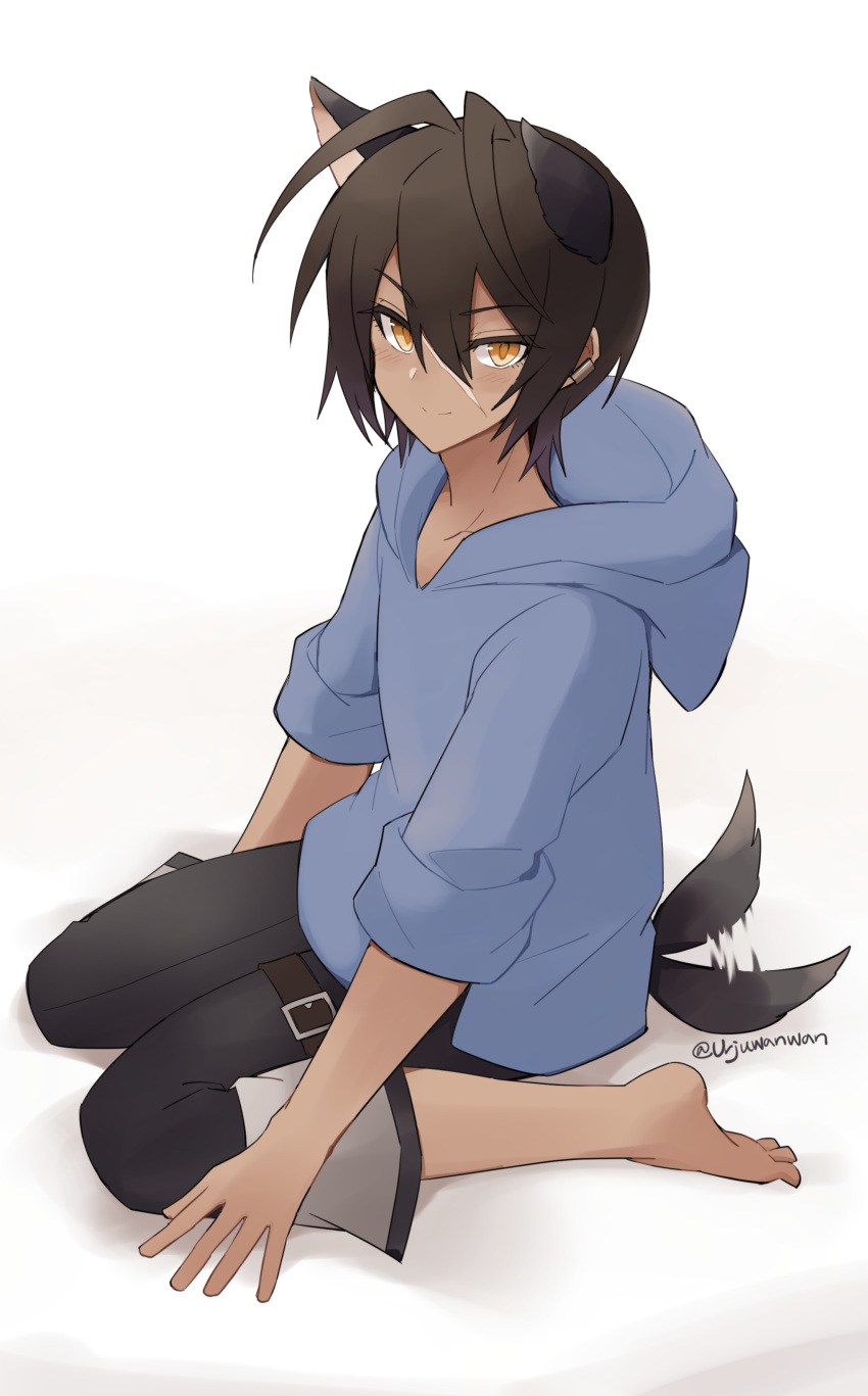 1boy absurdres animal_ears barefoot black_hair blue_hoodie blush brown_hair commentary_request dark-skinned_male dark_skin dog_tail eyelashes full_body granblue_fantasy hair_between_eyes highres hood hoodie jamil_(granblue_fantasy) looking_at_viewer male_focus piercing scar seiza short_hair simple_background sitting smile solo tail tail_wagging thigh_strap twitter_username urjuwanwan white_background yellow_eyes