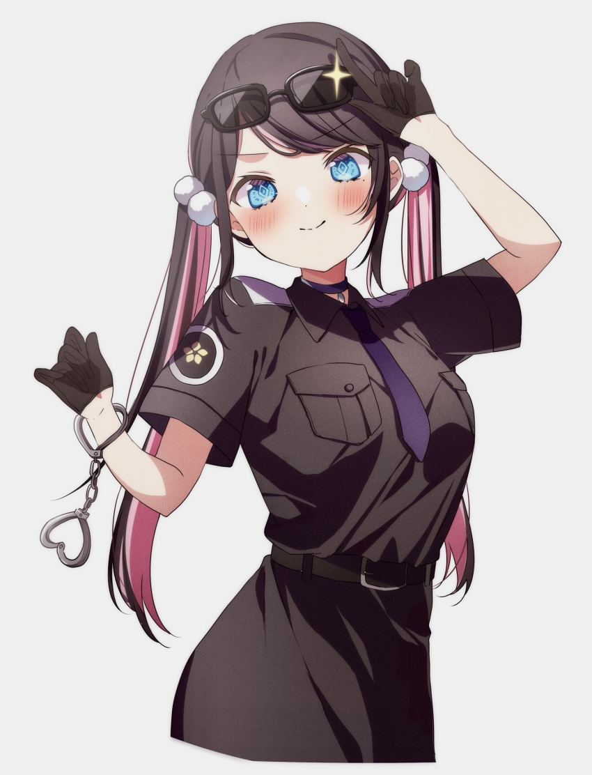 1girl belt black_belt black_gloves black_hair blue_eyes blush breast_pocket choker colored_inner_hair cuffed cuffs gloves grey_background hair_ornament half_gloves handcuffs highres kaga_nazuna long_hair looking_at_viewer mole mole_under_eye multicolored_hair necktie pink_hair pocket police police_uniform pome_charo purple_necktie simple_background smug solo sunglasses twintails two-tone_hair uniform virtual_youtuber vspo!