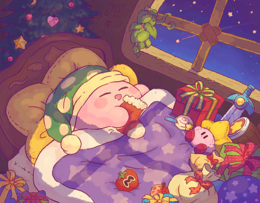 bed blanket blush_stickers bow box christmas christmas_ornaments christmas_tree closed_eyes colored_skin commentary_request drooling gift gift_box harukui hat indoors kirby kirby_(series) leaf maxim_tomato night open_mouth pillow pink_skin plant pom_pom_(clothes) saliva shooting_star sleeping solo star_(sky) star_(symbol) toy_sword under_covers window