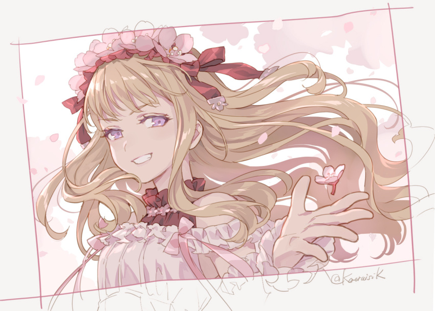 1girl alternate_costume artist_name blonde_hair blunt_bangs bow cagliostro_(granblue_fantasy) cherry_blossoms commentary_request cropped_shoulders dress floating_hair flower frilled_dress frilled_shirt_collar frilled_sleeves frills granblue_fantasy grin head_wreath headband long_hair multicolored_clothes multicolored_dress off_shoulder outstretched_hand petals pink_dress pink_flower pota_(bluegutty) purple_eyes red_bow sidelocks signature smile solo tree twitter_username