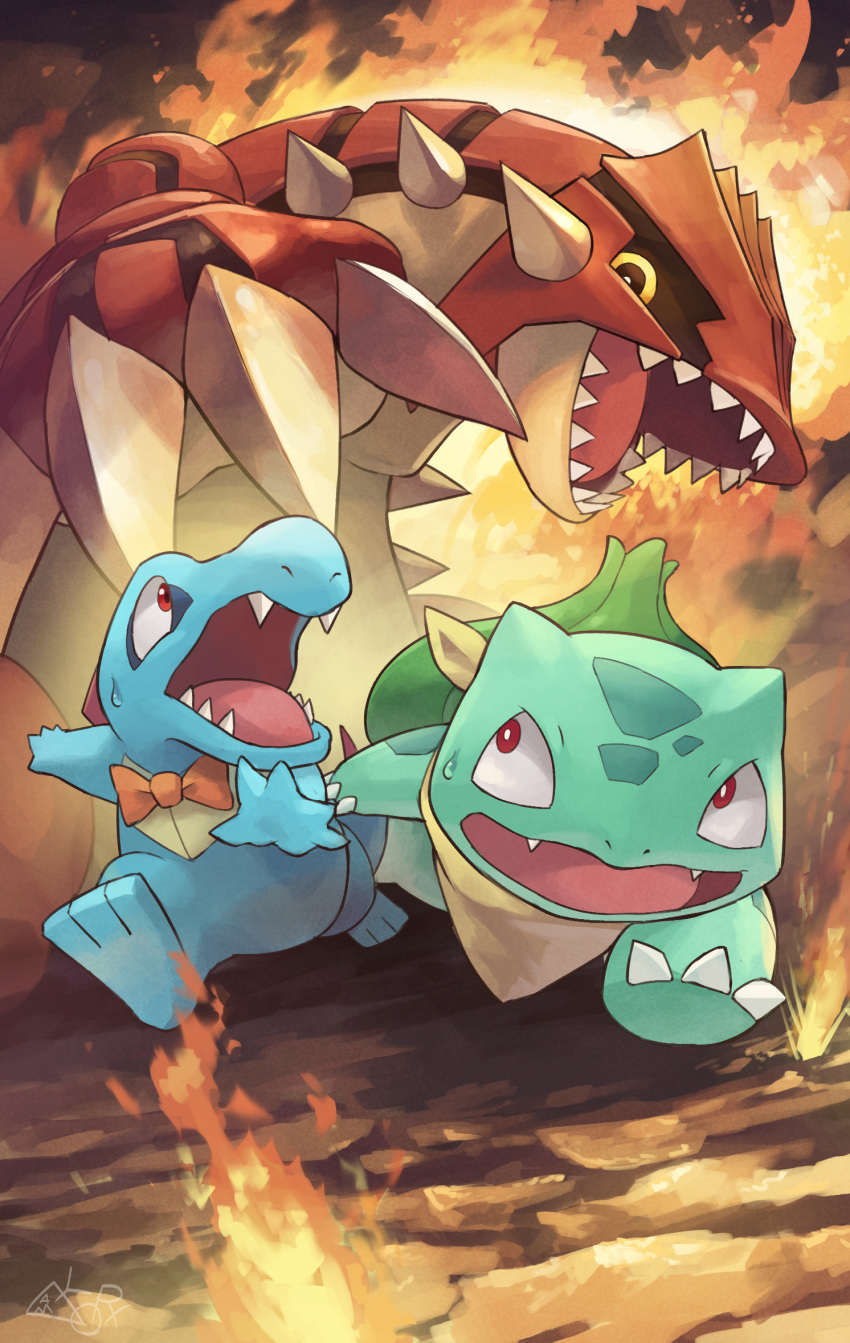 animal_focus blue_skin bow bowtie bulbasaur claws colored_skin commentary_request crocodilian fire fleeing green_skin groudon hakkentai_pokedan highres neckerchief no_humans open_mouth pokemon pokemon_(creature) pokemon_mystery_dungeon red_bow red_bowtie red_eyes sharp_teeth sweat teeth totodile yellow_eyes yellow_neckerchief