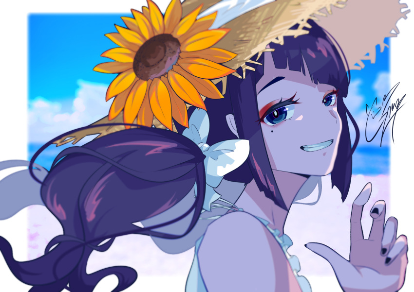 1girl bare_shoulders beach black_hair blue_eyes flower goma_irasuto hat highres looking_at_viewer low_ponytail ocean original ponytail purple_hair signature sky solo straw_hat summer sunflower