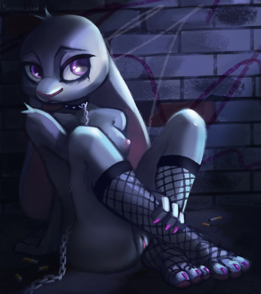 against_surface against_wall anthro bodily_fluids clothing collar disney female genitals hi_res humiliation judy_hopps lagomorph leash leashed_collar legwear leporid makeup mammal mascara mascara_tears murusun pussy rabbit solo zootopia