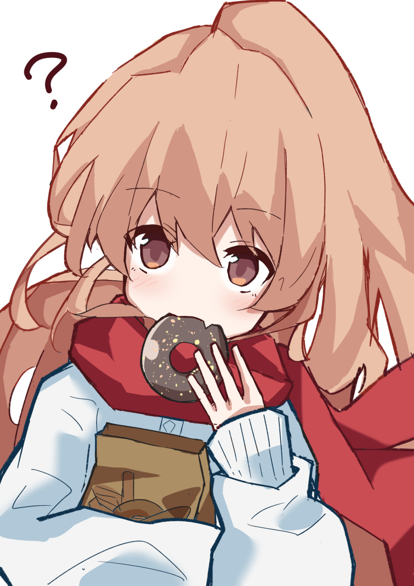 1girl ? aisaka_taiga bag brown_eyes brown_hair commentary_request doughnut eating fang food food_in_mouth hair_between_eyes highres jacket ko_su_kaa light_blush long_hair long_sleeves looking_at_viewer paper_bag partial_commentary red_scarf scarf simple_background skin_fang solo toradora! upper_body white_background white_jacket winter_clothes