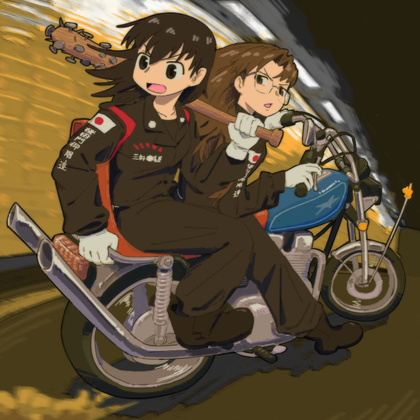 2girls absurdres azumanga_daioh bag black_eyes black_footwear black_hair black_jumpsuit boots brown_eyes brown_hair collarbone driving dust fubarmoe glasses gloves highres holding holding_bag japanese_flag jumpsuit long_sleeves looking_back mizuhara_koyomi multiple_girls on_motorcycle open_mouth pants pants_tucked_in spiked_bat takino_tomo white_gloves