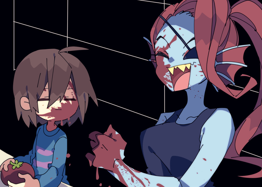 1girl 1other ahoge asymmetrical_bangs bare_arms black_background black_tank_top blue_shirt blue_skin breasts brown_hair child clenched_hand closed_eyes closed_mouth collarbone colored_skin facing_another fins fish_girl food frisk_(undertale) hair_between_eyes head_fins highres holding holding_food juice long_sleeves medium_hair nikorashi-ka open_mouth ponytail purple_shirt red_hair sharp_teeth shirt short_hair smile striped_clothes striped_shirt tank_top teeth tomato tomato_juice undertale undyne upper_body upper_teeth_only yellow_teeth