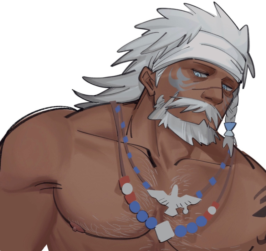 1boy bara braid dark-skinned_male dark_skin facial_mark final_fantasy final_fantasy_xiv headband highres hyur jewelry jitome long_hair lyon_rem_helsos male_focus mature_male muscular muscular_male necklace nipples notesonlyonpii nude old old_man scar scar_on_face scar_on_nose side_braid sideburns sparse_chest_hair tooth_necklace tribal unfinished upper_body white_hair white_headband