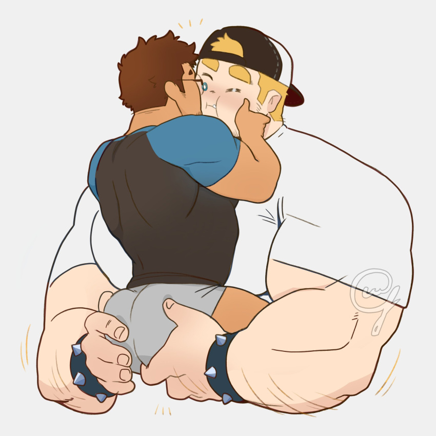 2boys =_= ass ass_grab backwards_hat bara baseball_cap blonde_hair brown_hair carrying carrying_person cheek_press couple cropped_torso dark-skinned_male dark_skin facial_hair from_side glasses goatee_stubble grabbing_another's_ass groping happy_aura hat highres huge_eyebrows huge_pectorals interracial kiss kissing_cheek male_focus mccy micro_shorts motion_lines multiple_boys muscular muscular_male original raglan_sleeves short_hair shorts sideburns_stubble size_difference sparse_arm_hair stubble yaoi