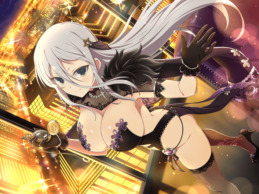 1girl black_gloves breasts building butt_crack capelet city_lights cityscape cleavage dress floral_print gloves green_eyes grey_hair hair_between_eyes hair_ornament highres holding holding_pocket_watch jewelry large_breasts long_hair looking_at_viewer necklace night off-shoulder_dress off_shoulder official_art pearl_necklace pelvic_curtain pocket_watch senkou_(senran_kagura) senran_kagura senran_kagura_new_link skyscraper smile thighhighs watch waving