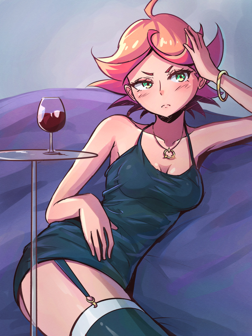1girl absurdres ahoge alcohol amanda_o'neill bare_shoulders black_dress black_thighhighs blush breasts cleavage closed_mouth couch cup dress drinking_glass garter_straps green_eyes highres jewelry little_witch_academia madabau medium_breasts necklace on_couch orange_hair short_hair sitting sleeveless solo thighhighs wine wine_glass wristband