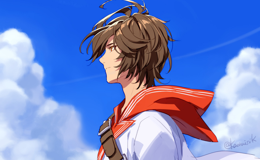 1boy ahoge alternate_costume artist_name bishounen blue_sky brown_hair cloud cloudy_sky commentary_request expressionless fanny_pack floating_clothes floating_hair from_side granblue_fantasy hair_between_eyes hood hood_down jacket light_frown looking_ahead messy_hair pota_(bluegutty) profile red_eyes sandalphon_(granblue_fantasy) sandalphon_(summer)_(granblue_fantasy) signature sky solo twitter_username upper_body white_jacket