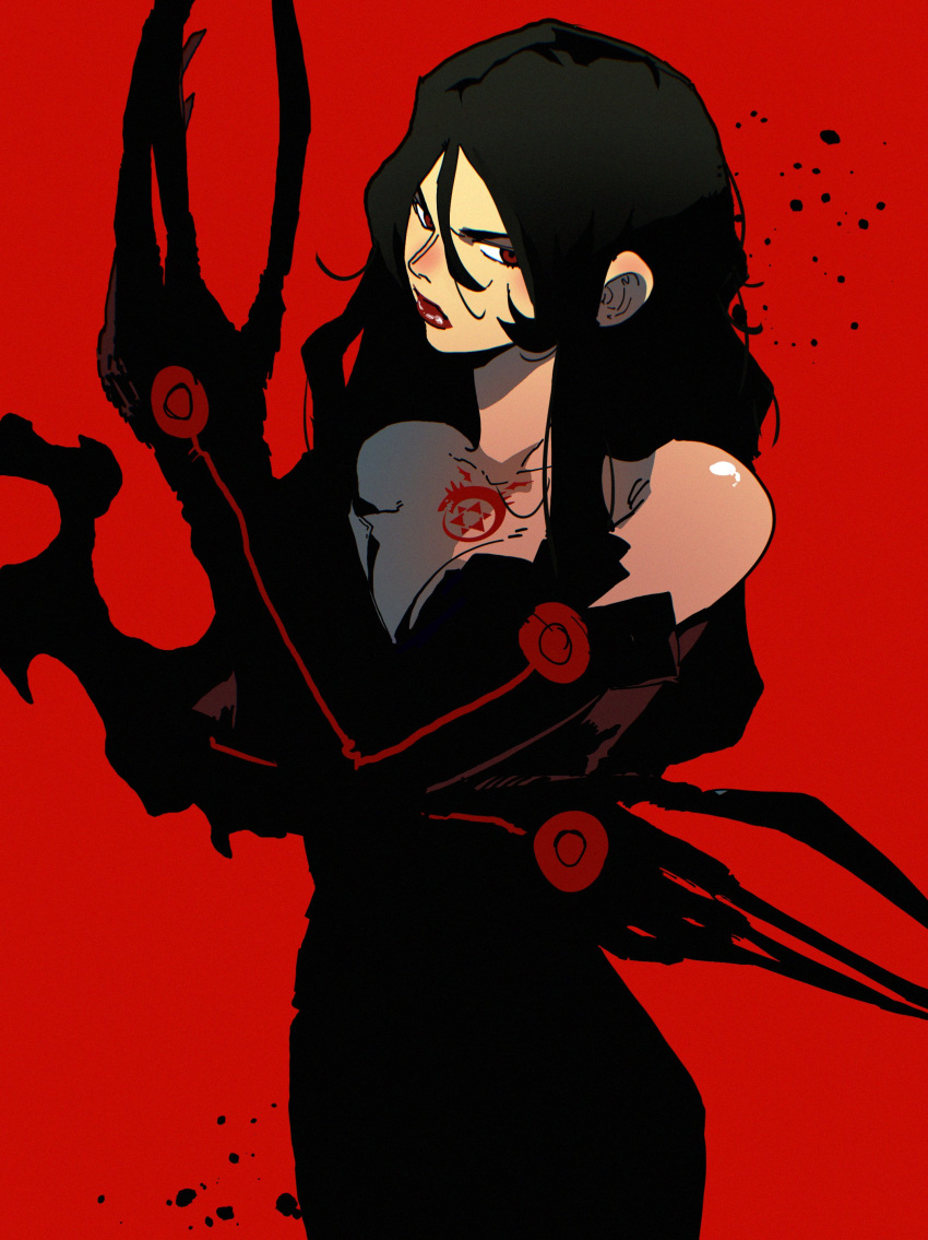 1girl absurdres arm_under_breasts bare_shoulders black_dress black_gloves black_hair breasts breasts_squeezed_together chest_tattoo claws cleavage closed_mouth dress elbow_gloves film_grain fullmetal_alchemist gloves hair_between_eyes hand_up head_tilt hexagram highres isaacchief300 lipstick long_hair looking_at_viewer loose_hair_strand lust_(fma) makeup medium_breasts ouroboros paint_splatter red_background red_eyes red_lips sideways_glance solo standing tattoo three_quarter_view