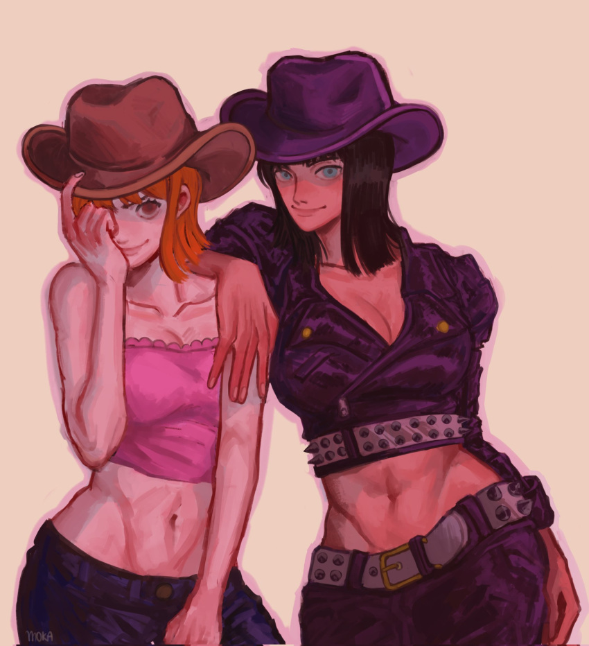 2girls artist_name belt blue_eyes blunt_bangs brown_hat cowboy_hat cowboy_shot crop_top cropped_jacket english_commentary hand_on_another's_shoulder hand_on_headwear hat highres looking_at_viewer m0kaccinoh medium_hair multiple_girls nami_(one_piece) navel nico_robin one_piece orange_eyes pink_shirt purple_hat shirt short_hair sidelocks smile