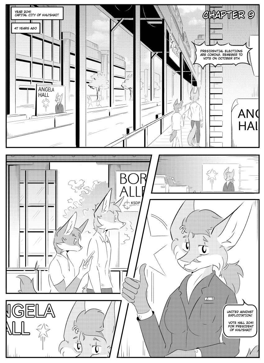 absurd_res ambiguous_gender angela_hall anthro black_and_white canid canine city city_background cityscape clothed clothing comic female fox gesture group hand_gesture hi_res inner_ear_fluff kifyun2 mammal monochrome outside simple_background speech_bubble suit text thumbs_up tuft walking