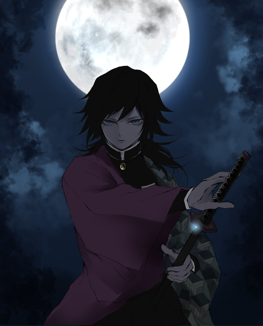 1boy black_hair blue_eyes closed_mouth collared_shirt demon_slayer_uniform full_moon highres japanese_clothes katana kimetsu_no_yaiba looking_at_viewer moon night outdoors saeki_37 shirt solo sword tomioka_giyuu upper_body weapon