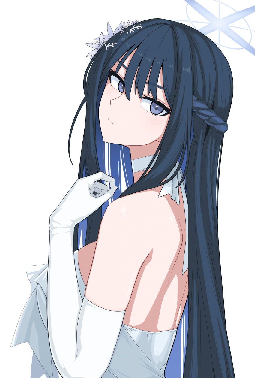 1girl absurdres black_hair blue_archive blue_eyes blue_hair blue_halo blush braid breasts choker closed_mouth colored_inner_hair dress elbow_gloves formicid from_side gloves halo highres large_breasts long_hair looking_at_viewer multicolored_hair official_alternate_costume saori_(blue_archive) saori_(dress)_(blue_archive) simple_background solo strapless strapless_dress upper_body white_background white_choker white_dress white_gloves