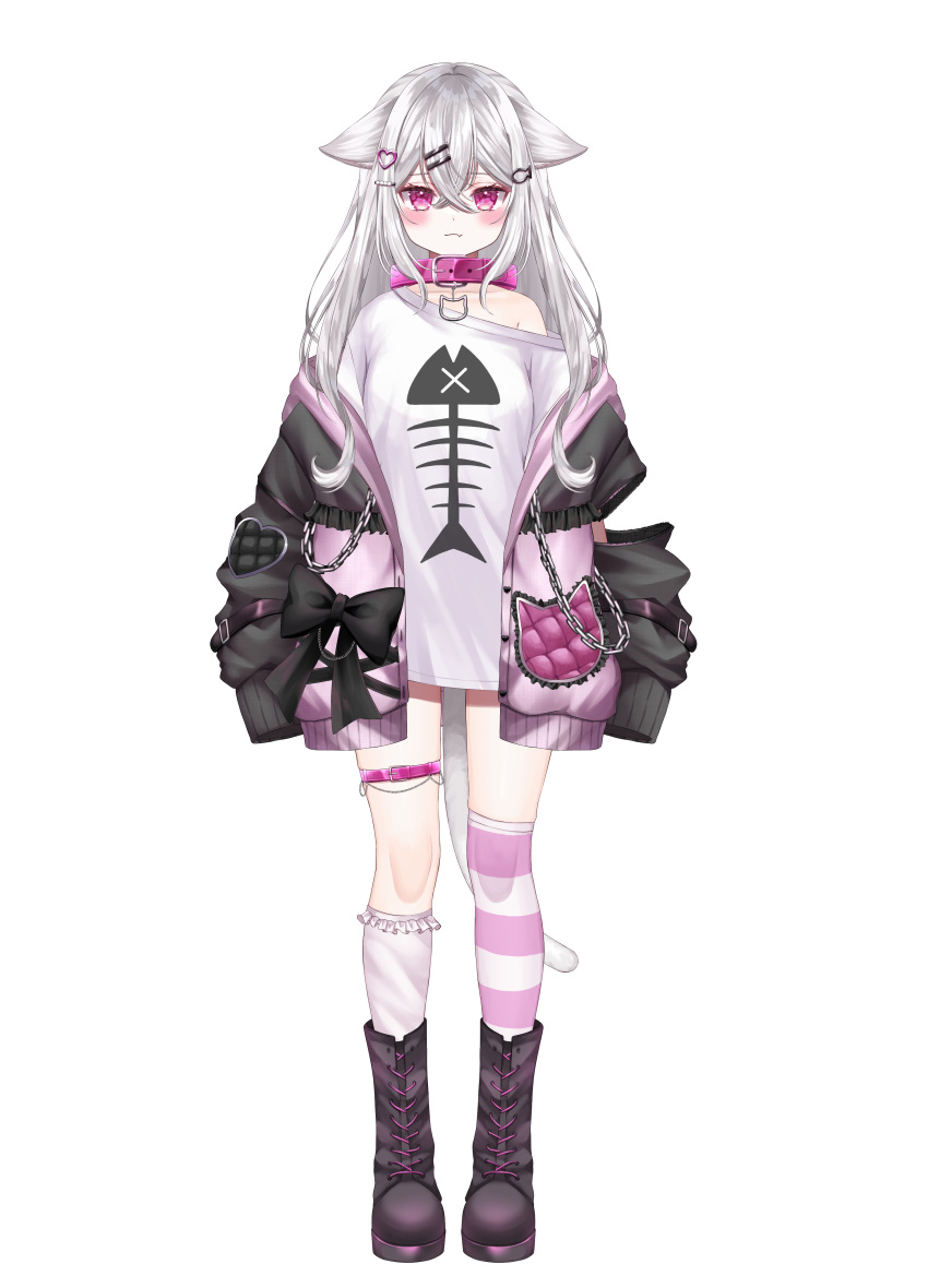 1girl absurdres animal_ears asymmetrical_legwear black_footwear black_jacket boots cat_ears cat_girl cat_tail collar detached_sleeves erunoto fang fang_out fish_bone_print full_body highres indie_virtual_youtuber jacket kneehighs long_hair long_sleeves looking_at_viewer mismatched_legwear mitarai_komoru multicolored_clothes multicolored_jacket off_shoulder open_clothes open_jacket pink_collar pink_eyes pink_jacket shirt simple_background single_bare_shoulder single_detached_sleeve single_kneehigh single_sock sleeves_past_fingers sleeves_past_wrists socks standing striped_clothes striped_socks tail thigh_strap two-tone_jacket virtual_youtuber white_background white_hair white_shirt white_socks