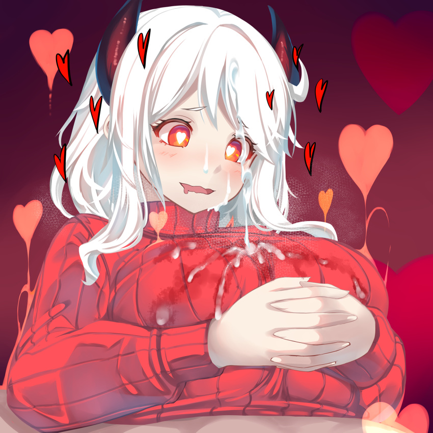 1boy 1girl after_paizuri black_horns breasts breasts_squeezed_together cum cum_in_clothes cum_on_body cum_on_breasts cum_on_hair demon_girl demon_horns ejaculation_under_clothes facial heart heart-shaped_pupils helltaker hetero highres horns large_breasts long_sleeves modeus_(helltaker) paizuri paizuri_under_clothes pov red_eyes red_sweater ribbed_sweater shiki_(psychedelic_g2) solo_focus sweater symbol-shaped_pupils white_hair