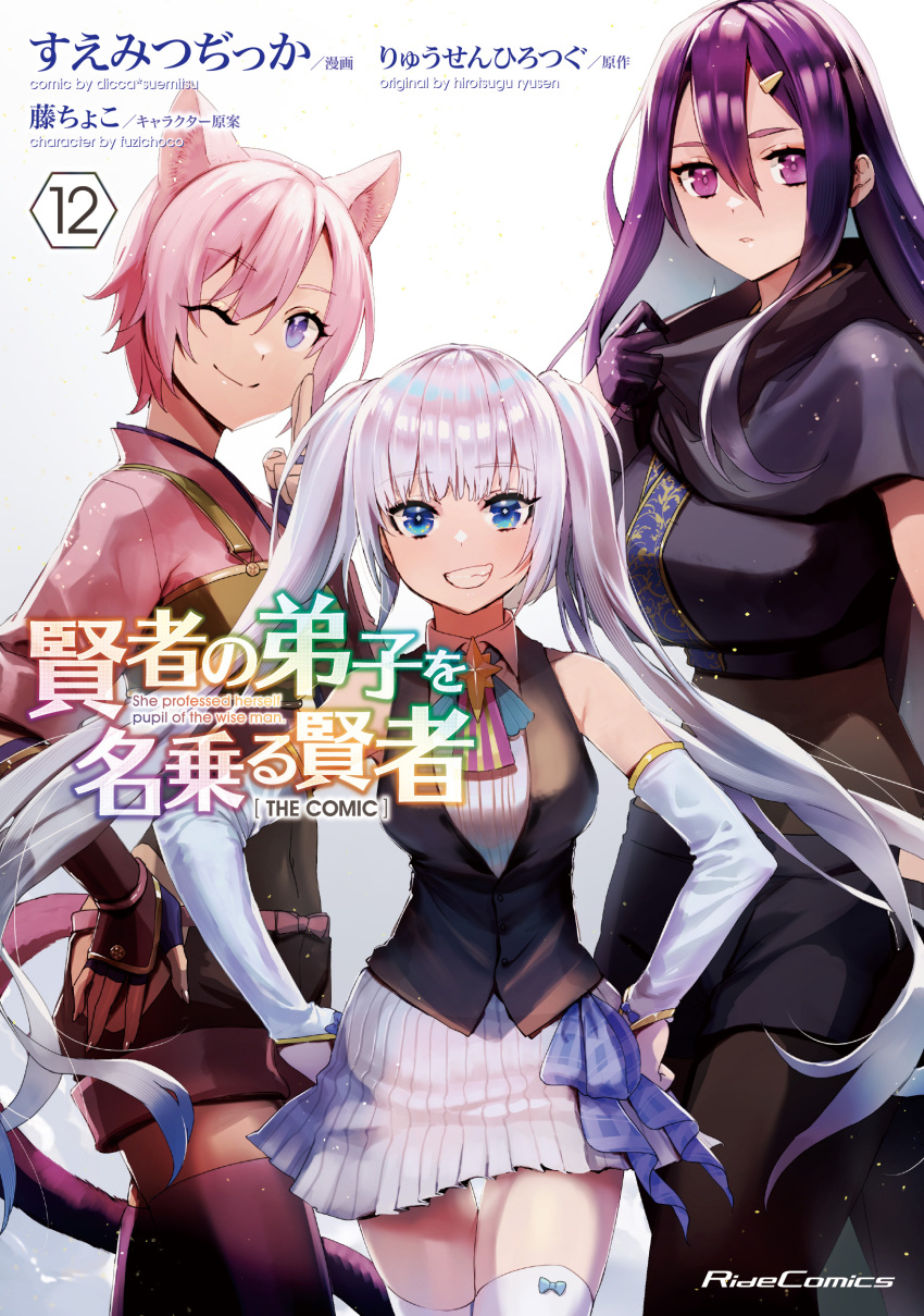 3girls absurdres animal_ears bare_shoulders blue_eyes breasts cat_ears cat_girl copyright_name cover cover_page detached_sleeves expressionless gloves grin hair_ornament hand_on_own_hip hebi_(kendeshi) highres japanese_clothes kenja_no_deshi_wo_nanoru_kenja large_breasts long_hair looking_at_viewer manga_cover medium_breasts mira_(kendeshi) multiple_girls one_eye_closed pink_hair purple_eyes purple_hair sasori_(kendeshi) short_hair short_shorts shorts skirt small_breasts smile suemitsu_dicca thigh_gap thighhighs title twintails white_hair zettai_ryouiki