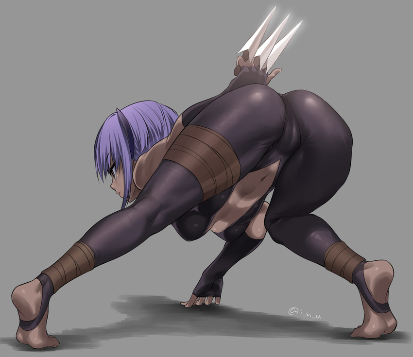 ankle_wrap ass barefoot bent_over blue_eyes breasts cleavage dark_skin fate/grand_order fate/prototype fate/prototype:_fragments_of_blue_and_silver fate_(series) feet hassan_of_serenity_(fate) highres inu_(aerodog) kunai medium_breasts navel purple_hair short_hair soles solo weapon