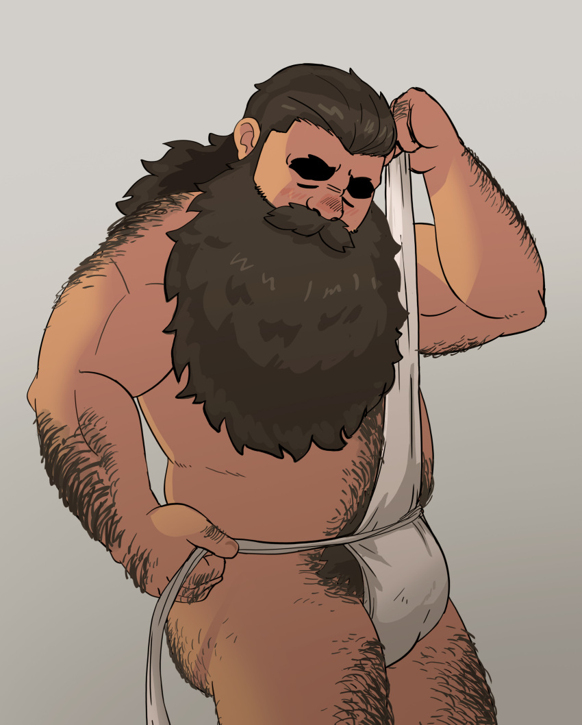 1boy =_= absurdres bara beard blush brown_hair bulge closed_eyes dark-skinned_male dark_skin dungeon_meshi dwarf excessive_pubic_hair facial_hair forked_eyebrows full_beard hairy hand_hair highres huge_eyebrows knuckle_hair long_beard male_focus male_pubic_hair mature_male muscular muscular_male plump pubic_hair pubic_hair_peek senshi_(dungeon_meshi) solo standing thick_arm_hair thick_ass_hair thick_back_hair thick_beard thick_leg_hair thick_mustache thick_navel_hair tying_fundoshi very_hairy very_long_beard yuzu_(yuzumitsuu)