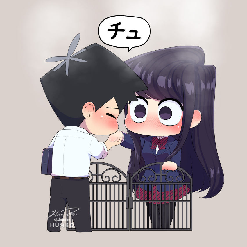 1boy 1girl absurdres bag belt black_hair black_pants black_pantyhose blazer blue_jacket blush brown_belt chibi diagonal-striped_clothes diagonal-striped_skirt dress_shirt ear_blush flower from_behind full_body grey_background hair_flower hair_ornament highres j_humbo jacket kiss kissing_hand komi-san_wa_komyushou_desu komi_shouko long_hair long_sleeves looking_at_another no_mouth no_nose nose_blush pants pantyhose profile red_skirt school_bag school_uniform shirt signature skirt striped_clothes swept_bangs tadano_hitohito translated very_long_hair white_shirt