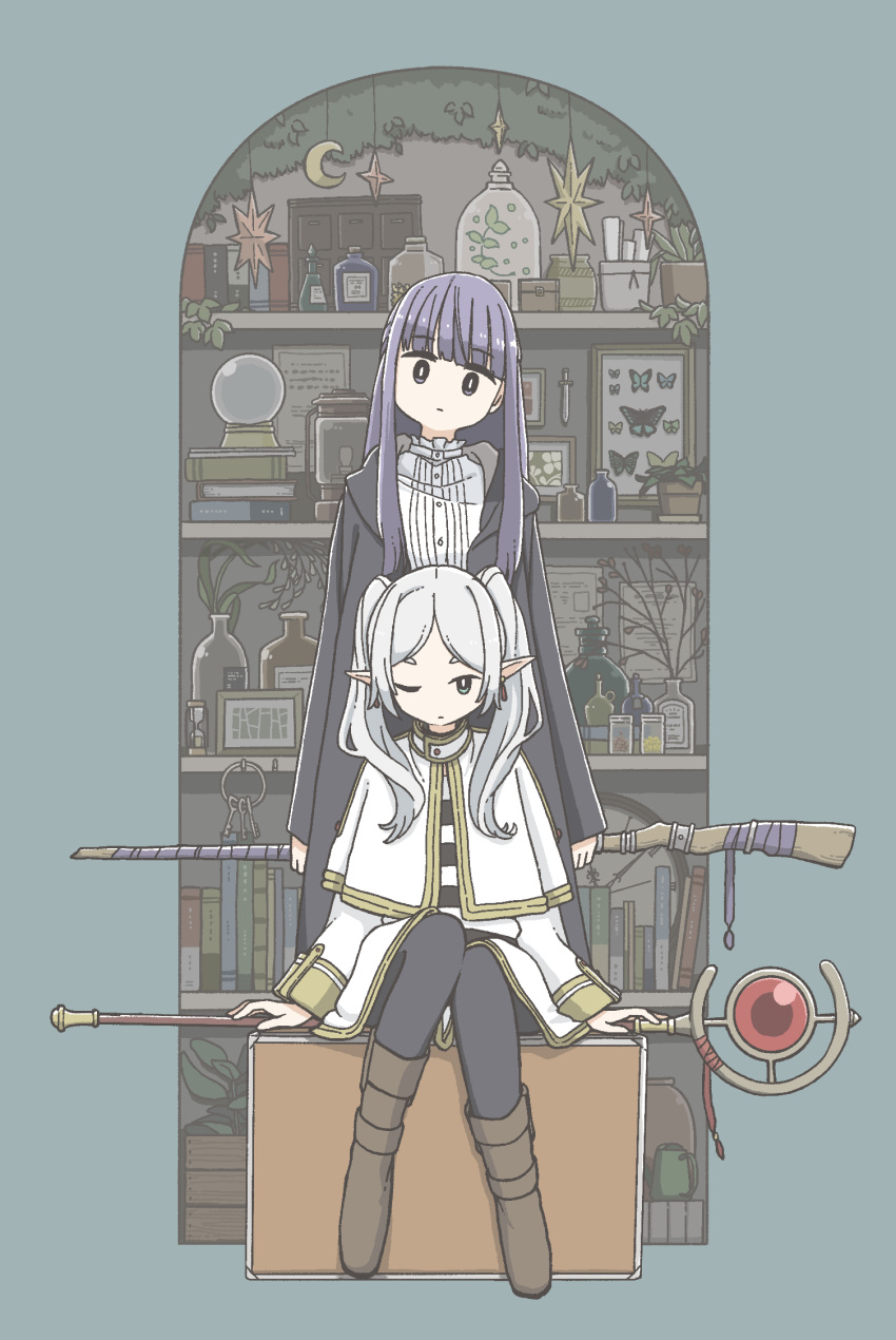 2girls black_coat black_pantyhose blunt_bangs book book_stack bookshelf boots bottle box brown_footwear bug butterfly buttons closed_mouth coat crescent crystal_ball dress earrings elf fern_(sousou_no_frieren) frieren full_body grey_hair head_tilt highres holding holding_staff jacket jewelry key lantern long_hair long_sleeves looking_at_viewer multiple_girls one_eye_closed open_clothes open_coat outside_border pantyhose plant pointy_ears potted_plant purple_hair shelf shirt sitting sousou_no_frieren staff standing star_ornament straight-on straight_hair striped_clothes striped_shirt tameikirakuda twintails white_dress white_jacket