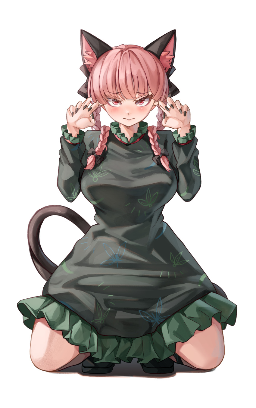 1girl 3: absurdres animal_ear_fluff animal_ears black_bow black_footwear black_nails blunt_bangs blush bow braid breasts cat_ears cat_girl cat_tail claw_pose closed_mouth commentary dress eyelashes fingernails frilled_dress frilled_sleeves frills frown full_body gothic_lolita green_dress hair_bow hair_over_shoulder hands_up highres kaenbyou_rin large_breasts lolita_fashion long_fingernails long_sleeves looking_at_viewer mahoro_(minase_mahoro) nail_polish red_eyes red_hair simple_background solo squatting straight-on tail touhou tsurime twin_braids white_background