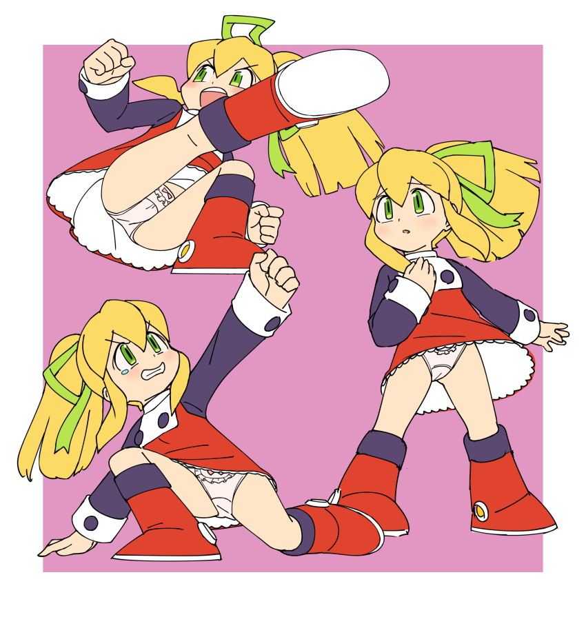 1girl absurdres animalmaster blonde_hair capcom dress green_eyes green_ribbon highres kicking mega_man_(series) panties red_dress red_footwear ribbon roll_(mega_man) underwear white_panties