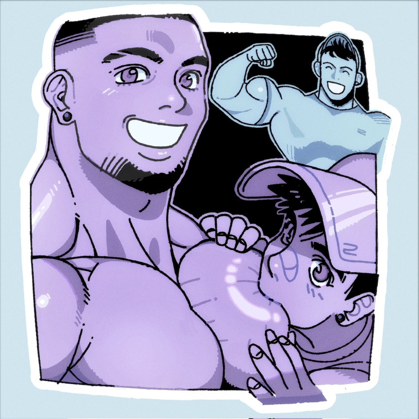 3boys :d artist_self-insert baseball_cap biceps blush ear_piercing eating_pectorals_(meme) facial_hair flexing goatee hat highres large_pectorals male_focus mature_male meme multiple_boys multiple_monochrome muscular muscular_male nude original outline pectorals piercing reeddune short_hair smile thick_eyebrows undercut upper_body white_outline yaoi