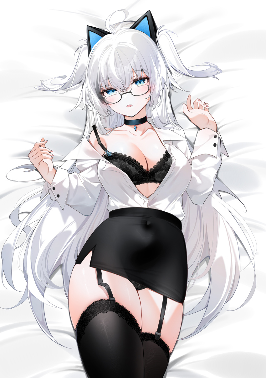 1girl absurdres ahoge animal_ears bare_shoulders bed_sheet black-framed_eyewear black_bra black_choker black_panties black_skirt black_thighhighs blue_eyes bra breasts choker collared_shirt covered_navel dakimakura_(medium) dress_shirt fake_animal_ears fang garter_straps glasses hands_up high-waist_skirt highres lace-trimmed_bra lace_trim long_hair long_sleeves looking_at_viewer looking_over_eyewear lying medium_breasts miniskirt mole mole_under_eye off_shoulder on_back open_clothes open_mouth open_shirt original panties pantyshot pencil_skirt semi-rimless_eyewear shirt shirt_tucked_in side_slit skirt solo thighhighs thighs two_side_up under-rim_eyewear underwear very_long_hair white_hair white_shirt yukineko1018