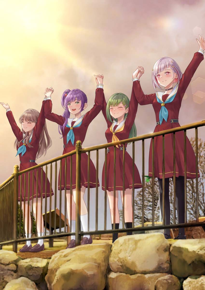 4girls :d ^_^ absurdres ankle_socks arms_up black_pantyhose black_socks blue_neckerchief blush bob_cut breasts brown_dress brown_footwear brown_hair check_commentary closed_eyes cloud cloudy_sky colored_inner_hair commentary_request crying diagonal_bangs dress flower frilled_socks frills fujishima_megumi green_eyes green_hair grey_hair hair_bun hair_flower hair_ornament hasu_no_sora_school_uniform highres holding_hands interlocked_fingers inverted_bob kobassy lens_flare light_rays link!_like!_love_live! loafers lone_nape_hair long_hair long_sleeves looking_afar looking_ahead love_live! medium_breasts medium_dress multicolored_hair multiple_girls neckerchief non-circular_lens_flare oogami_sachi open_mouth otomune_kozue outstretched_hand pantyhose pleated_dress purple_hair railing red_eyes red_flower red_hair sailor_collar sailor_dress school_uniform shoes short_hair side_ponytail sidelocks single_side_bun sky smile socks standing star_(symbol) star_hair_ornament straight_hair streaked_hair streaming_tears sunbeam sunlight swept_bangs tears teeth two-tone_hair two_side_up upper_teeth_only virtual_youtuber white_sailor_collar white_socks winter_uniform yellow_neckerchief yugiri_tsuzuri