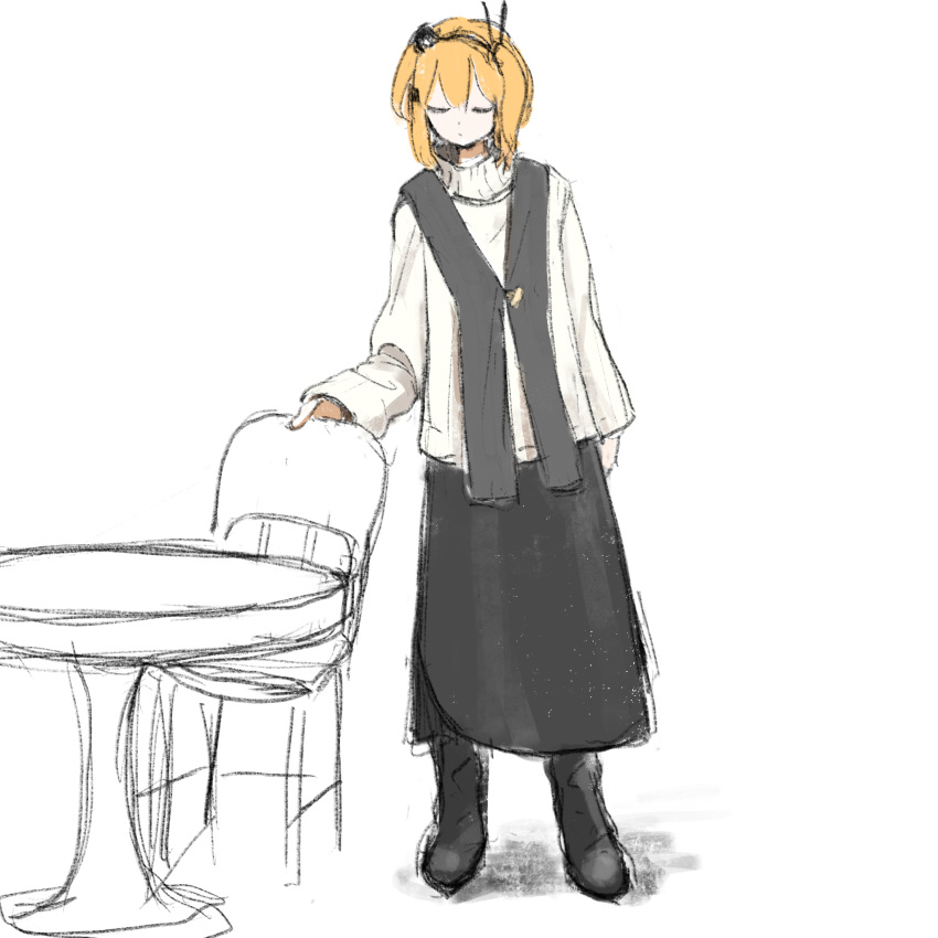 1girl a.i._voice adachi_rei alternate_costume arm_at_side black_footwear black_shawl black_skirt boots chair closed_eyes closed_mouth facing_viewer fashion full_body hakoko_shitagokoro hand_on_chair highres long_skirt long_sleeves medium_hair one_side_up orange_hair partially_colored shawl simple_background sketch skirt solo standing sweater table turtleneck turtleneck_sweater utau white_background