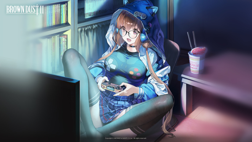 absurdres animal_ear_hood black_collar black_shirt black_thighhighs blue_hoodie blue_skirt blurry_edges book bookshelf breasts brown_dust_2 brown_eyes brown_hair butterfly_sitting checkered_clothes checkered_skirt chopsticks collar controller copyright_name cup_ramen game_controller game_controller_print hair_between_eyes highres holding holding_controller holding_game_controller hood hoodie indoors large_breasts long_hair official_art official_wallpaper rafina_(brown_dust) screen_light second-party_source shirt sitting skirt thighhighs twintails