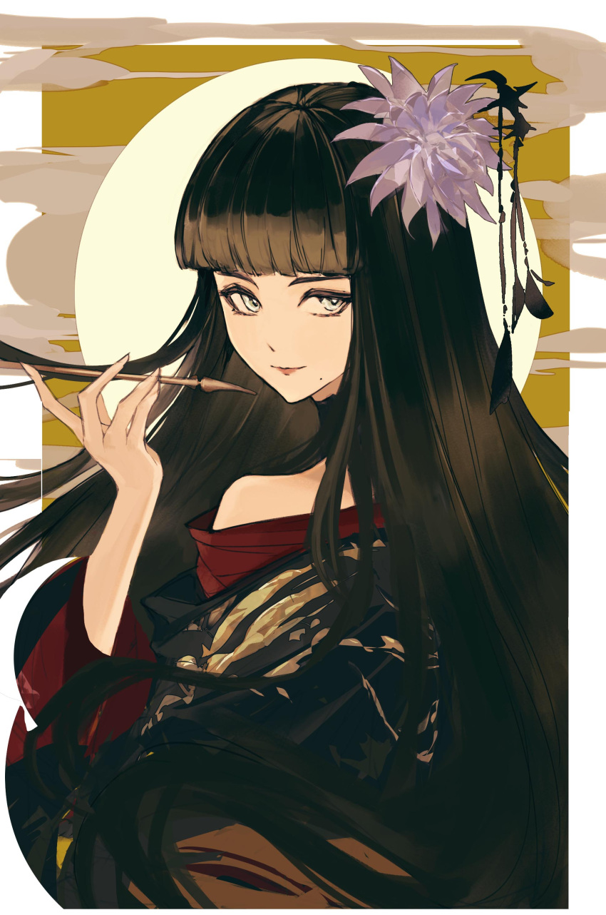 1girl absurdres bare_shoulders black_collar black_hair black_kimono blunt_bangs border collar final_fantasy final_fantasy_xiv flower from_behind full_moon green_eyes hair_flower hair_ornament hair_stick hand_up highres holding holding_smoking_pipe huge_moon hyur japanese_clothes kimono kiseru light_smile long_hair looking_at_viewer looking_back lrena mole mole_under_mouth moon outside_border red_trim simple_background smoke smoking_pipe solo straight_hair upper_body white_border yellow_background yotsuyu_goe_brutus