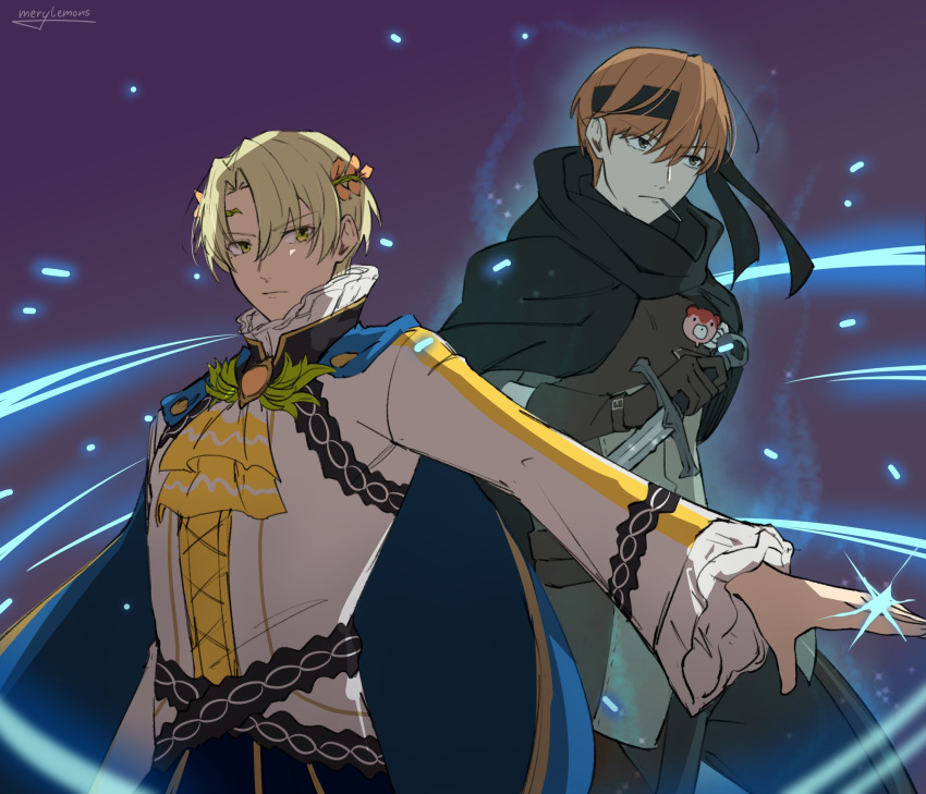 2boys alfred_(fire_emblem) ascot black_headband blonde_hair blue_cape candy cape circlet fire_emblem fire_emblem_engage food gaius_(fire_emblem) headband highres lollipop merylemons multiple_boys orange_hair prince yellow_ascot