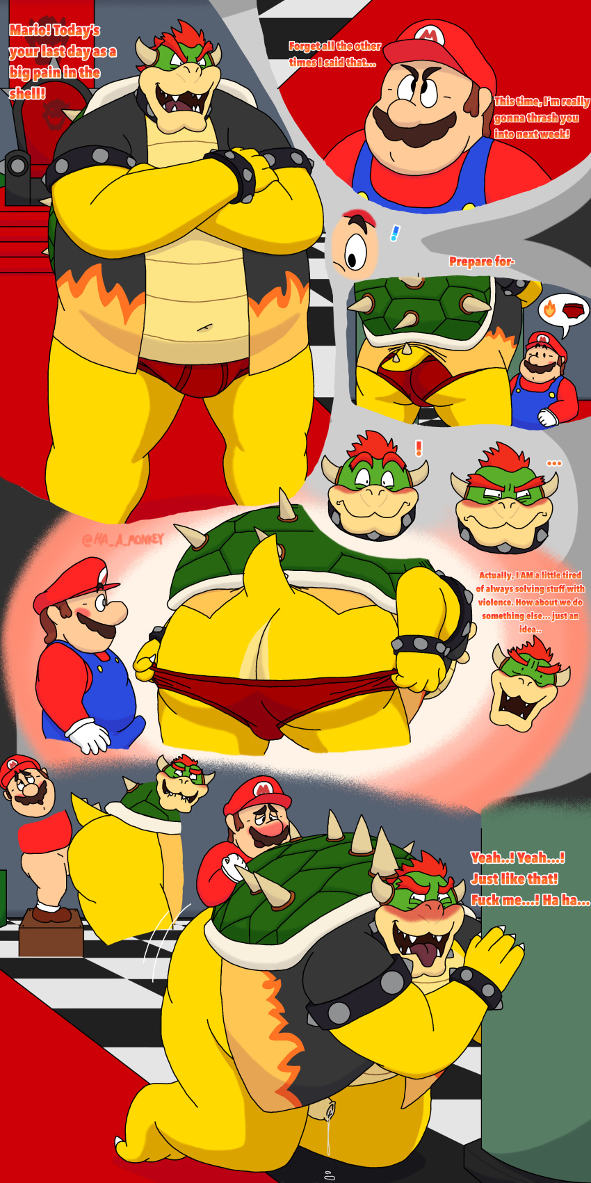 absurd_res anal anal_penetration belly big_belly big_butt blush bodily_fluids bowser butt castle clothing dialogue dripping duo from_behind_position genital_fluids ha_a_monkey hi_res human koopa leaking_precum male male/male mammal mario mario_bros nintendo overweight overweight_male penetration precum precum_drip presenting presenting_hindquarters scalie sex shell size_difference small_dom_big_sub text underwear undressing