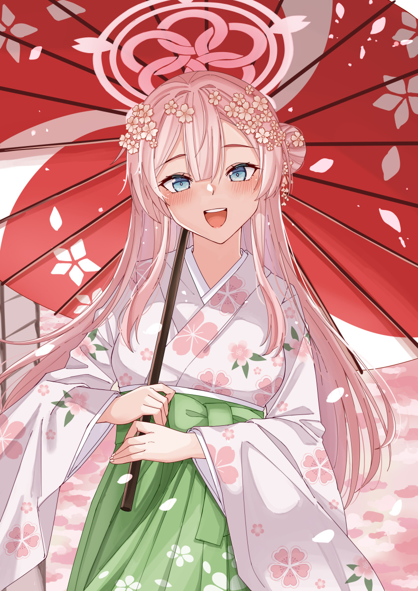 1girl absurdres blue_archive blue_eyes blush floral_print green_hakama hair_bun hakama halo highres holding holding_umbrella japanese_clothes kimono long_hair long_sleeves looking_at_viewer mimori_(blue_archive) oil-paper_umbrella open_mouth pink_hair pink_halo pink_kimono print_kimono rynn_(darknescorez) single_side_bun smile solo umbrella wide_sleeves