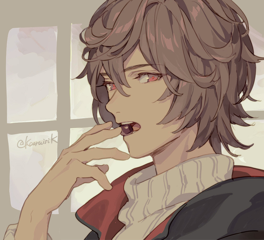 1boy artist_name biting brown_hair chocolate cropped_shirt expressionless food granblue_fantasy hair_between_eyes hand_up holding holding_chocolate holding_food looking_at_viewer male_focus messy_hair open_mouth portrait pota_(bluegutty) red_eyes sandalphon_(granblue_fantasy) sandalphon_(valentine)_(granblue_fantasy) short_hair signature solo sweater turtleneck twitter_username white_sweater window