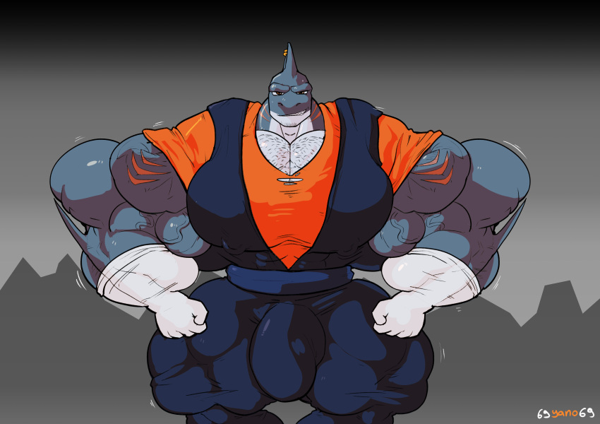 69yano69 absurd_res anthro bee_(maybee) big_muscles body_hair bulge chest_hair clothing dragon_ball dragon_ball_z facial_hair fish growth hi_res huge_muscles hyper hyper_muscles keikogi male marine martial_arts_uniform muscle_growth muscular nipple_outline questionable shark solo sportswear tight_clothing