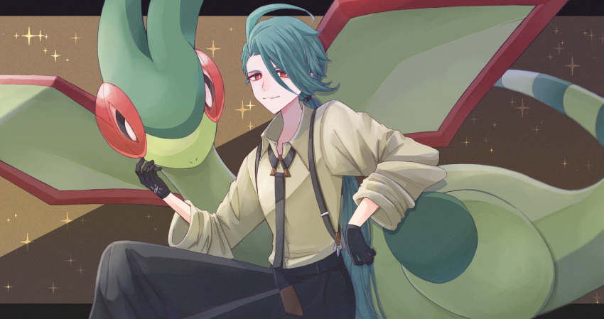 1girl absurdres ahoge androgynous asymmetrical_bangs black_gloves black_necktie black_pants bright_pupils bug collared_shirt colored_skin dragon dragonfly dragonfly_wings ear_piercing earrings flygon gloves green_hair green_skin grey_shirt highres jewelry long_hair marushi_(marusiiiil) necktie pants piercing pokemon pokemon_(creature) pokemon_sv ponytail red_eyes reverse_trap rika_(pokemon) shirt suspenders triangle_earrings white_pupils