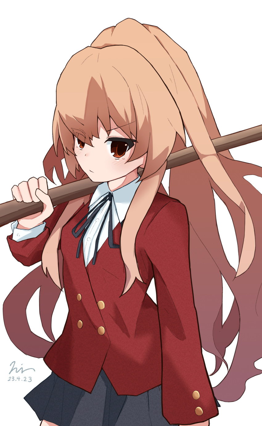 1girl aisaka_taiga black_ribbon black_skirt blazer bokken brown_hair buttons closed_mouth collared_shirt commentary cowboy_shot dated double-breasted hand_up highres holding holding_sword holding_weapon jacket ko_su_kaa light_blush long_hair long_sleeves looking_to_the_side neck_ribbon oohashi_high_school_uniform pleated_skirt red_eyes red_jacket ribbon school_uniform shirt signature simple_background skirt solo sword toradora! very_long_hair weapon white_background white_shirt wooden_sword