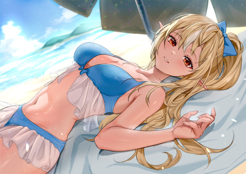 1girl alternate_costume beach bikini blonde_hair blue_bikini blue_bow blush bow breasts cleavage commentary_request dark-skinned_female dark_elf dark_skin day elf frilled_bikini frills from_side hair_bow hand_up high_ponytail highres hololive large_breasts long_hair looking_at_viewer lying monokawa_(iurl1z) multicolored_hair navel ocean on_back pointy_ears red_eyes shiranui_flare sidelocks smile solo streaked_hair swimsuit under_umbrella virtual_youtuber white_hair
