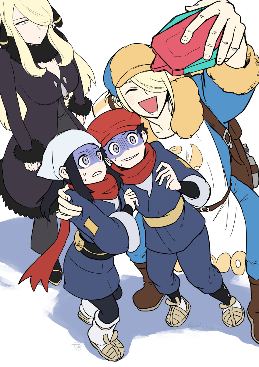 2boys 2girls akari_(pokemon) backpack bag black_coat black_hair black_sash blonde_hair cellphone closed_eyes coat constricted_pupils cynthia_(pokemon) fur-trimmed_coat fur-trimmed_jumpsuit fur-trimmed_sleeves fur_collar fur_trim galaxy_expedition_team_survey_corps_uniform ginkgo_guild_uniform grey_eyes hair_ornament hair_over_one_eye hat head_scarf highres holding holding_phone issui_(jahn_bistand) jacket jumpsuit long_hair loose_socks multiple_boys multiple_girls phone pokemon pokemon_dppt pokemon_legends:_arceus pokemon_masters_ex ponytail poryphone red_scarf rei_(pokemon) sash scarf sidelocks smartphone socks sweat taking_picture turn_pale two-tone_headwear very_long_hair volo_(pokemon)