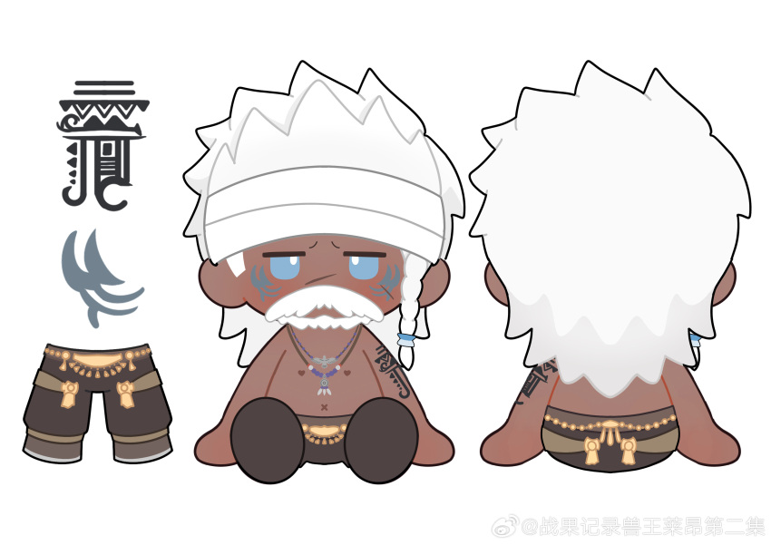 1boy absurdres braid chibi dark-skinned_male dark_skin facial_mark final_fantasy final_fantasy_xiv headband highres hyur jewelry jitome long_hair looking_at_viewer lyon_rem_helsos male_focus mature_male merchandise_available multiple_views muscular muscular_male necklace notesonlyonpii old old_man pants scar scar_on_face scar_on_nose side_braid sitting tooth_necklace tribal white_hair white_headband