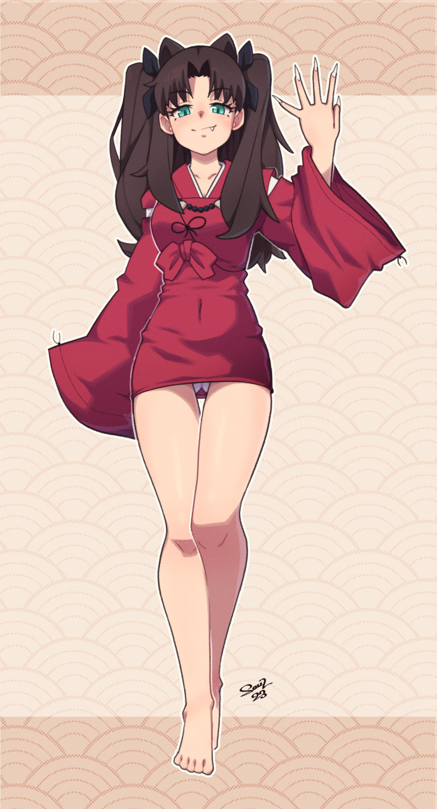 1girl absurdres animal_ears bare_legs barefoot bead_necklace beads black_hair claws dog_ears dress fang green_eyes highres inuyasha jewelry long_hair looking_at_viewer necklace red_robe robe smile smug solo soul_art12 thighs tohsaka_rin twintails