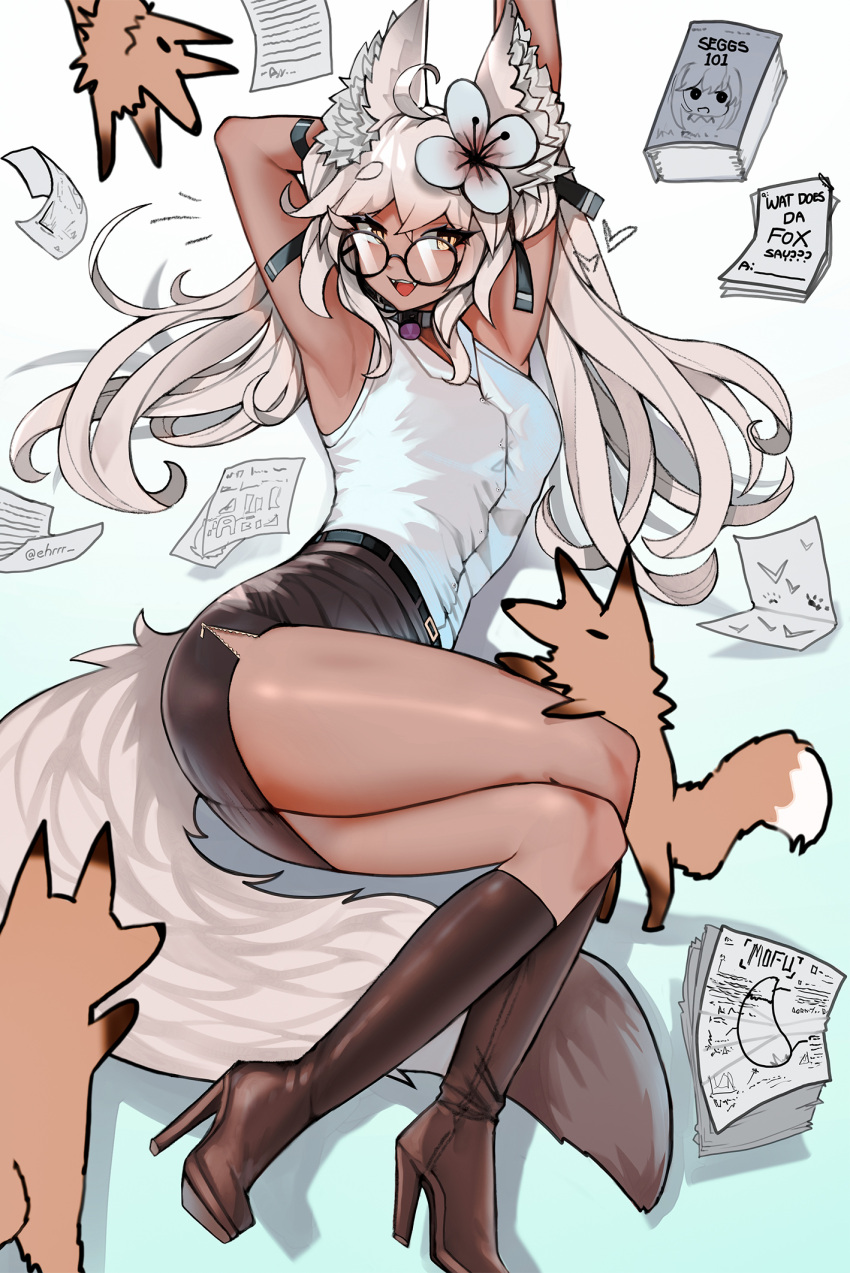 1girl animal_ear_fluff animal_ears arms_up boots collar dark-skinned_female dark_skin ehrrr fangs flower fox fox_ears fox_tail glasses grey_hair hair_flower hair_ornament high_heel_boots high_heels highres long_hair looking_at_viewer open_mouth original pencil_skirt round_eyewear shirt skirt sleeveless sleeveless_shirt slit_pupils solo tail yellow_eyes